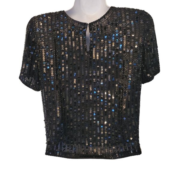 Vintage Emanuel Ungaro Black Sequin Silk Top S Formal Evening Prom Romantic - Picture 6 of 6